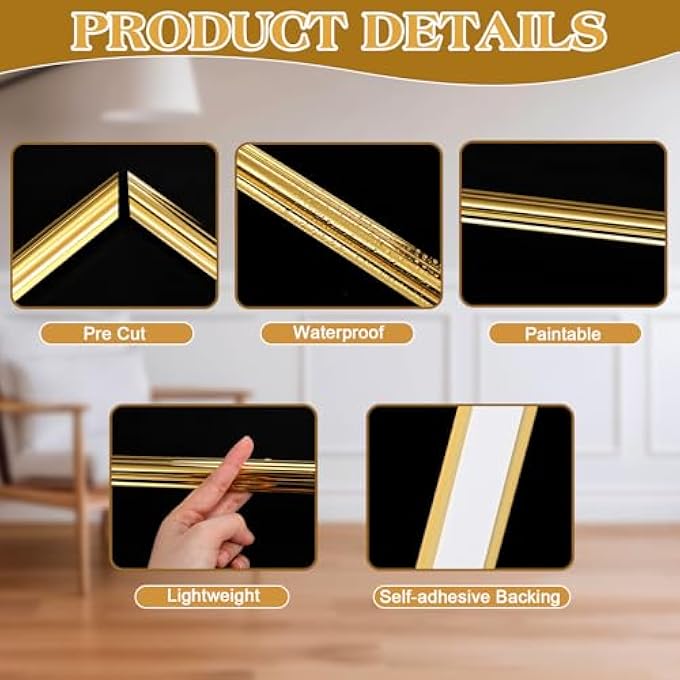 3 SET PEEL AND STICK WALL MOLDING KIT, PREMADE ACCENT MOLDING WAINSCOTING PANEL FOR INTERIOR WALL MOULDING DECOR, READY TO ASSEMBLE WAINSCOTING ACCENT PANEL, 30 X 16.5 INCHES (GOLD COLOR) - Image 3