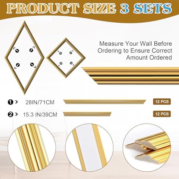 3 SET PEEL AND STICK WALL MOLDING KIT, PREMADE ACCENT MOLDING WAINSCOTING PANEL FOR INTERIOR WALL MOULDING DECOR, READY TO ASSEMBLE WAINSCOTING ACCENT PANEL, 30 X 16.5 INCHES (GOLD COLOR) - Image 2