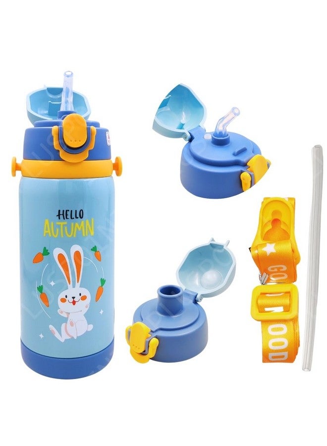 PLUSPOINT PLUSPOINT Stainless Steel Water Bottle for Kids Space Hot & Cold Vacuum Insulated Double Walled Thermos Flask with Carry Strip to Hang and 2 Caps Bottle with Straw & Wide Mouth Cap 450ML (Blue Bunny) - Image 1