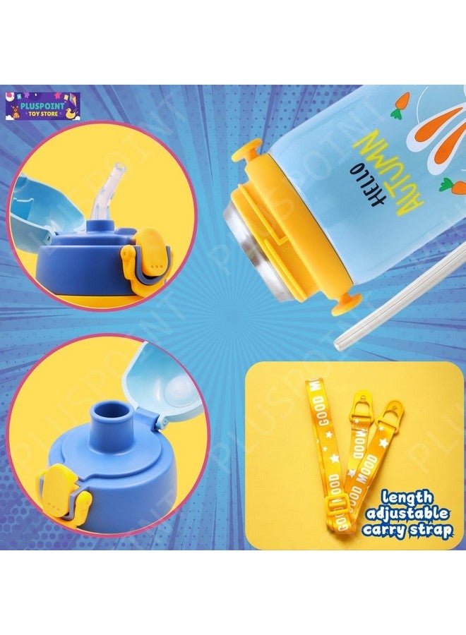 PLUSPOINT PLUSPOINT Stainless Steel Water Bottle for Kids Space Hot & Cold Vacuum Insulated Double Walled Thermos Flask with Carry Strip to Hang and 2 Caps Bottle with Straw & Wide Mouth Cap 450ML (Blue Bunny) - Image 4