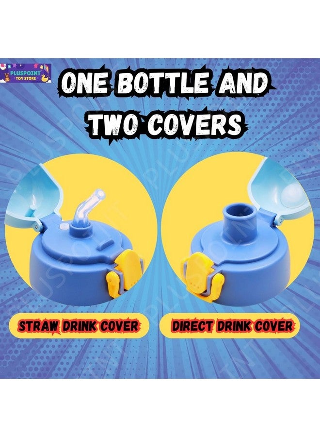 PLUSPOINT PLUSPOINT Stainless Steel Water Bottle for Kids Space Hot & Cold Vacuum Insulated Double Walled Thermos Flask with Carry Strip to Hang and 2 Caps Bottle with Straw & Wide Mouth Cap 450ML (Blue Bunny) - Image 3