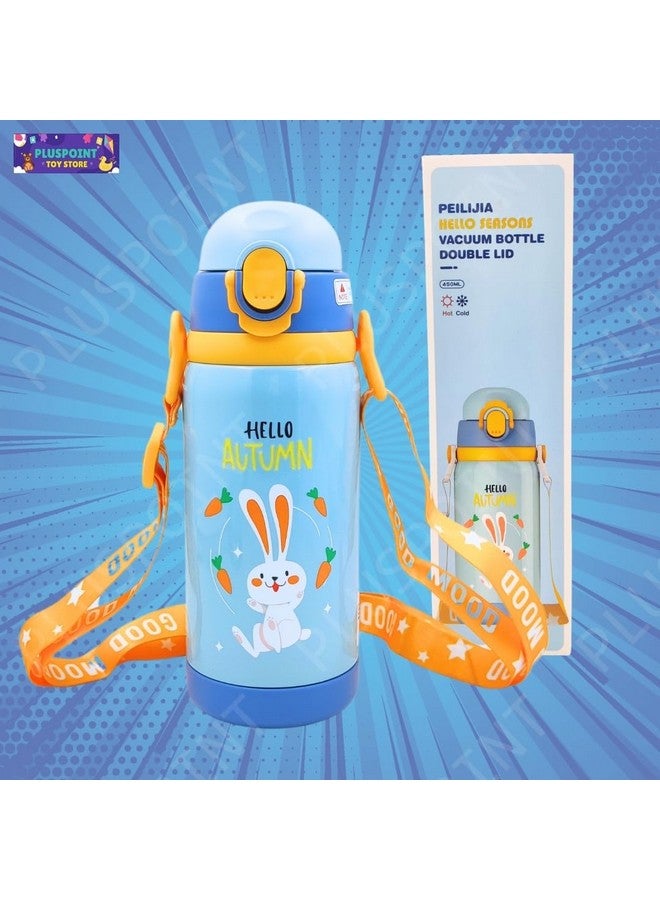 PLUSPOINT PLUSPOINT Stainless Steel Water Bottle for Kids Space Hot & Cold Vacuum Insulated Double Walled Thermos Flask with Carry Strip to Hang and 2 Caps Bottle with Straw & Wide Mouth Cap 450ML (Blue Bunny) - Image 2