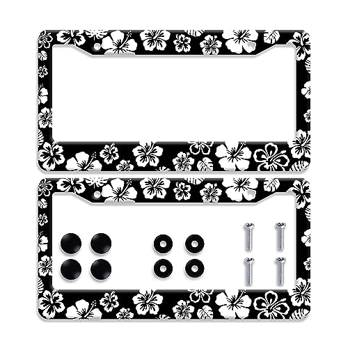Omw2fyb 【2Pcs】 White Hibiscus Hawaii License Plate Frames Round Hole Personalise License Plate Frame Car Universal Accessories Stainless Steels Cars Decor Fits Standard US Vehicles Size: 12.2 x 6 Inches - Image 1