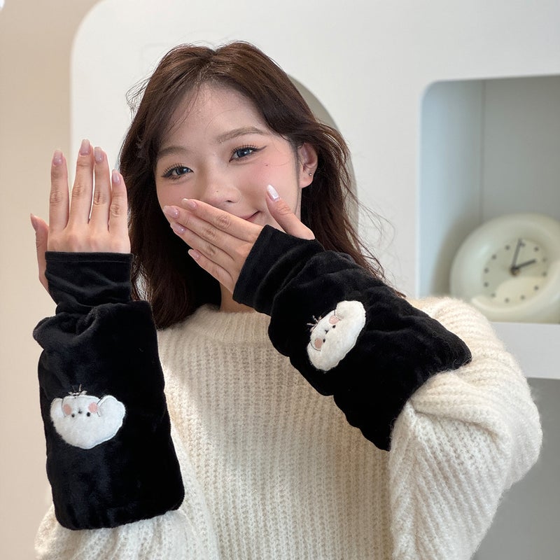 Warm Sleeve-Length Gloves Two-In-One Adult And Childrens Cartoon Design Fall/Winter Warm And Dirt-Resistant Integrated Handwarm Bichon Black