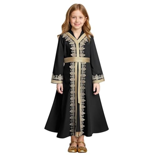 ODIZLI Muslim Dress For Girls Ramadan Abaya Prayer Dresses Kids Middle East Arabic Kaftan Dress Dubai Islamic Abayas Eid Church Robe Toddler Girl Muslim Clothes with Belt Black 1011 Years - Image 1