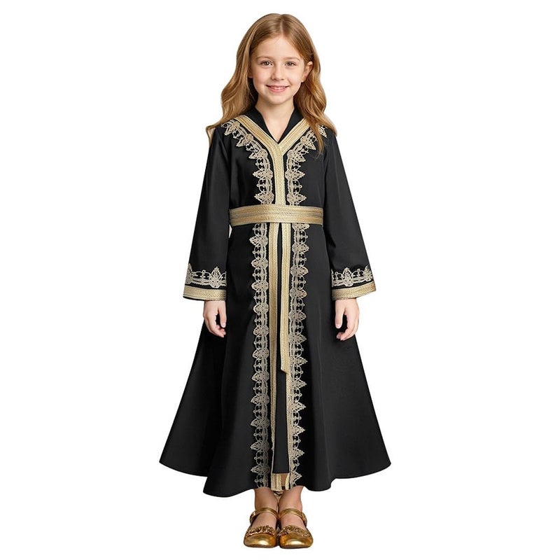 ODIZLI Muslim Dress For Girls Ramadan Abaya Prayer Dresses Kids Middle East Arabic Kaftan Dress Dubai Islamic Abayas Eid Church Robe Toddler Girl Muslim Clothes with Belt Black 1011 Years - Image 2