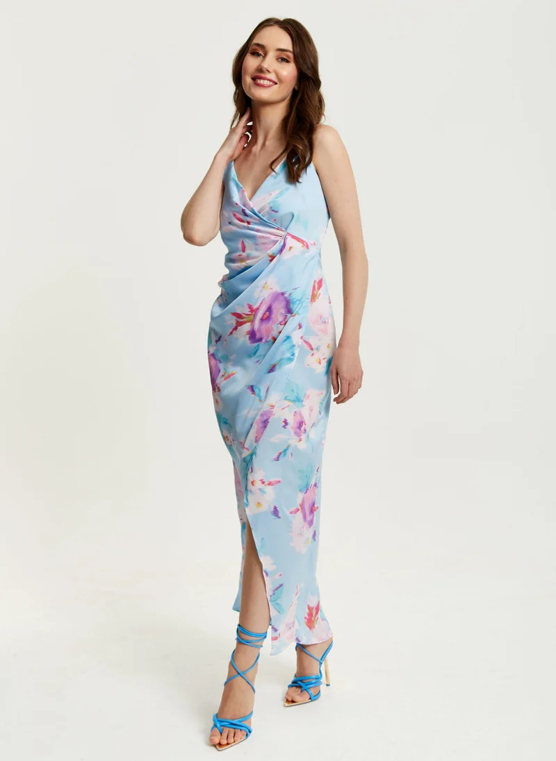 Liquorish  Floral Print Maxi Wrap Dress In Blue for Women | Best Price UAE