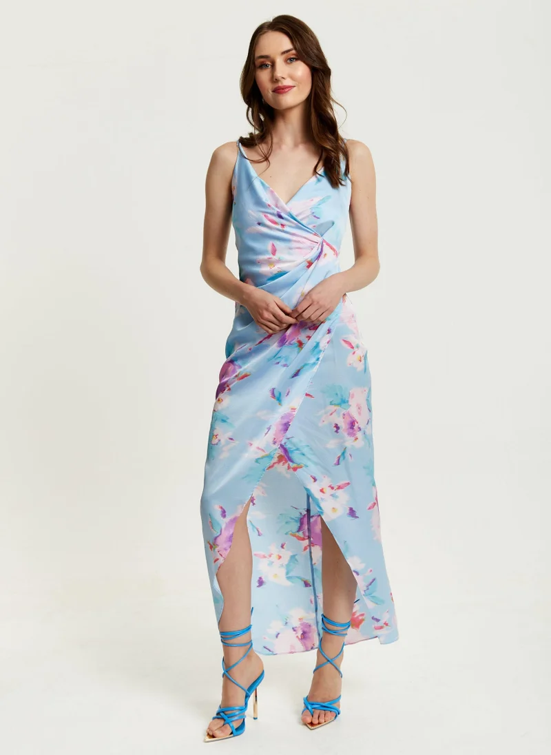 Liquorish Floral Print Maxi Wrap Dress In Blue