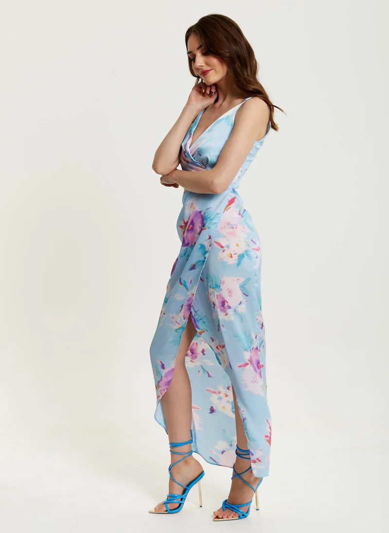 Liquorish  Floral Print Maxi Wrap Dress In Blue for Women | Best Price UAE