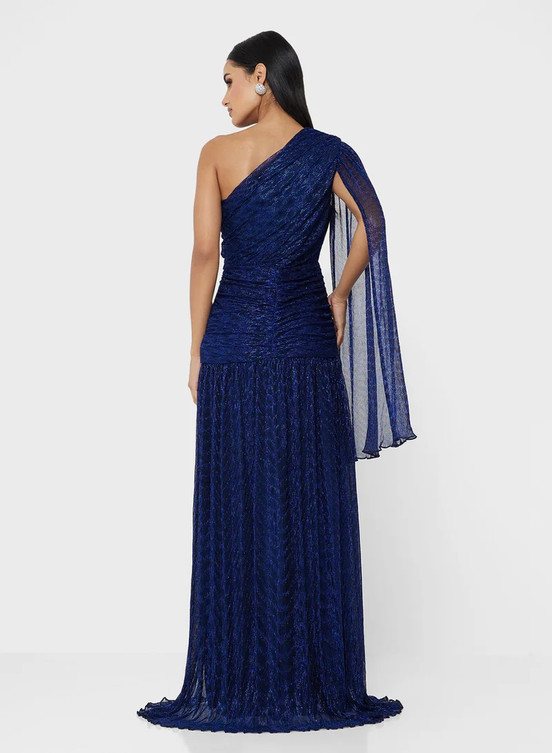 جينجر بوتيك One Shoulder Ruched Metallic Gown with Elongated Sleeves