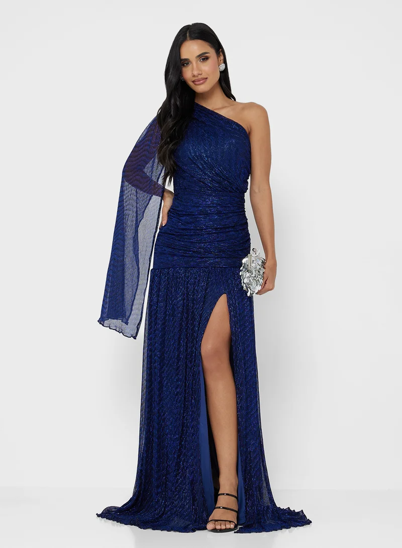 جينجر بوتيك One Shoulder Ruched Metallic Gown with Elongated Sleeves