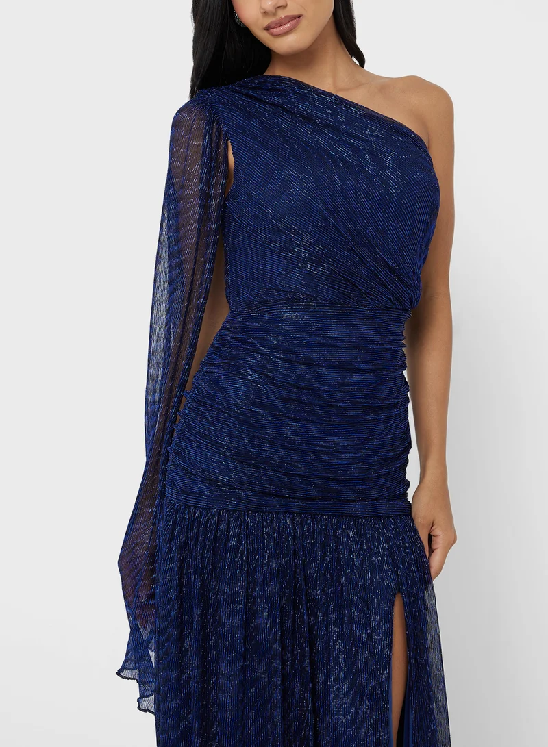 Ginger Boutique One Shoulder Ruched Metallic Gown with Elongated Sleeves