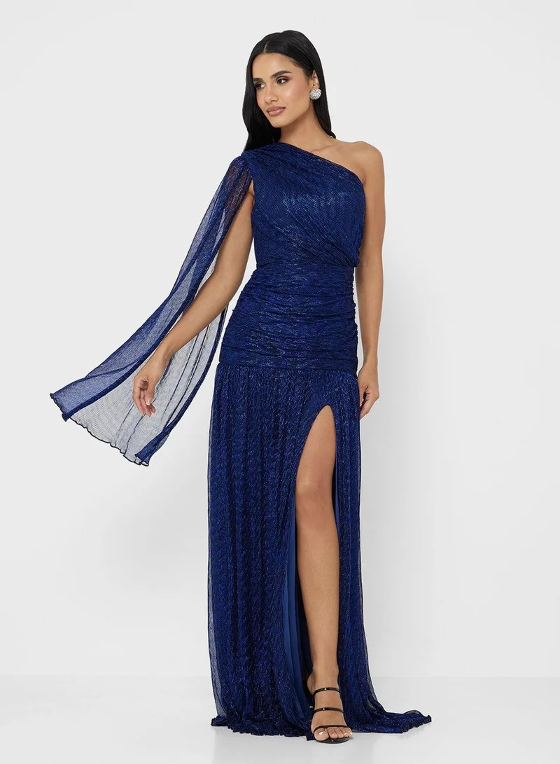 Ginger Boutique  One Shoulder Ruched Metallic Gown with Elongated Sleeves for Women | Best Price UAE
