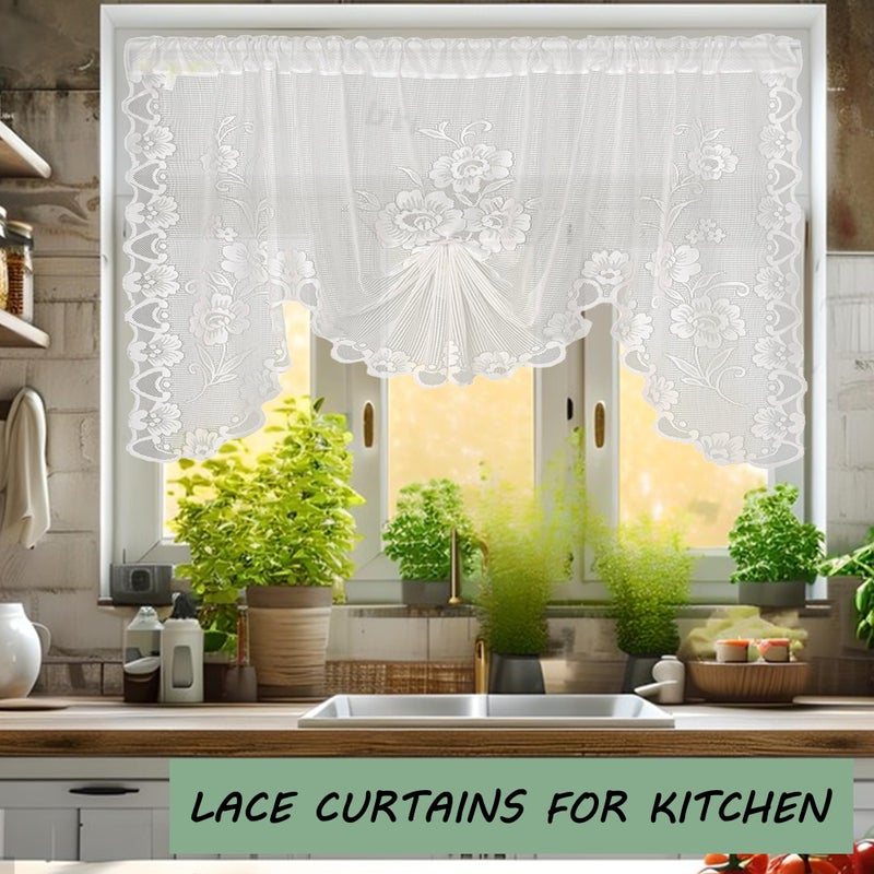 Jayla White Semi-Sheer Floral Lace Curtain Swag for Kitchen Half Window Bathroom Decoration Rod Pocket,59 x 39 Inch, 1 Panel - Image 2