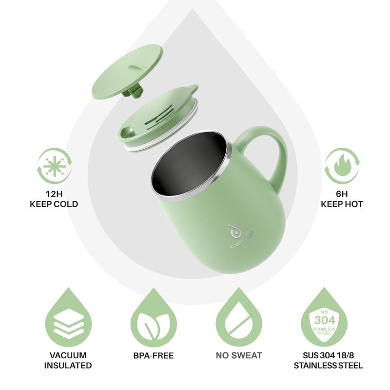 Ideus 16 oz Insulated Coffee Mug with Handle and Lid, Double Wall Stainless Steel Vacuum Thermal Coffee Mug, Travel Coffee Cup Thermal Cup for Home and Office, Avocado Green - Image 2