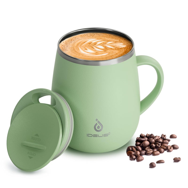 Ideus 16 oz Insulated Coffee Mug with Handle and Lid, Double Wall Stainless Steel Vacuum Thermal Coffee Mug, Travel Coffee Cup Thermal Cup for Home and Office, Avocado Green - Image 1