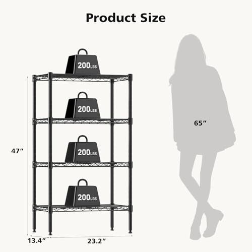 DUMOS 4-Tier Metal Wire Storage Shelves, Adjustable Standing Storage Rack Shelf, Heavy Duty Steel Shelving Unit Organizers for Kitchen Bathroom Pantry Garage, 23.3" W×13.4" D×47" H, Black - Image 4