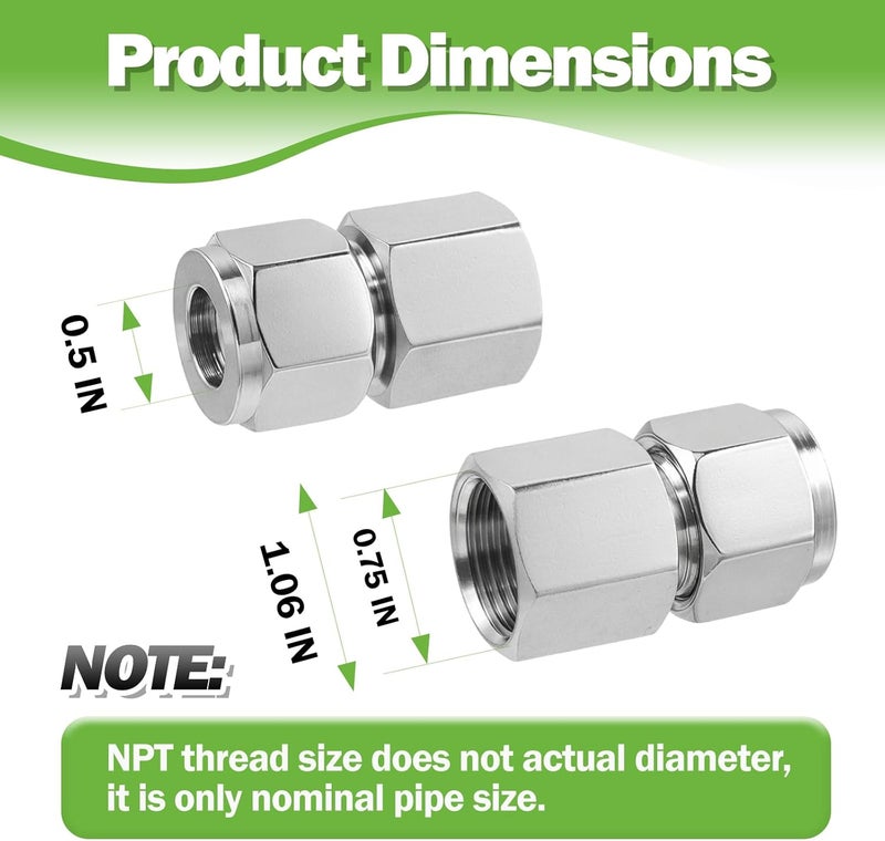 Goldpea Stainless Steel 304 Compression Coupler Tube Fitting 1/2" OD x 1/2" NPT Female Connector with Double Ferrule Adapter, Pack of 2 - Image 4