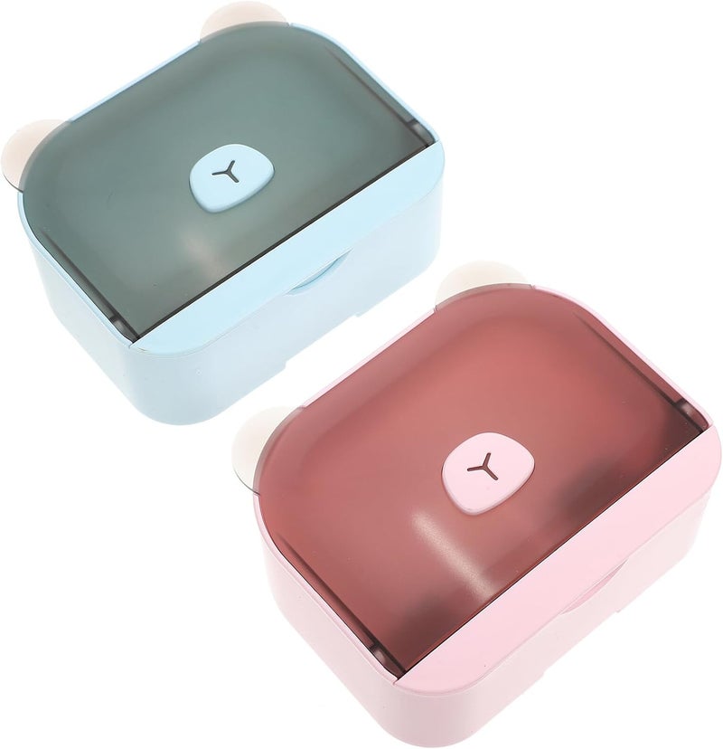 Wall-Mounted Toilet Soap Holder Set 2pcs Creative Cartoon Bear Plastic Soap Drainage Box with Non-Punching Adhesive Bathroom Dish for Shower Wall Storage Blue and Pink - Image 1