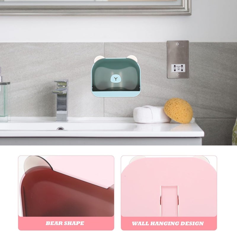 Wall-Mounted Toilet Soap Holder Set 2pcs Creative Cartoon Bear Plastic Soap Drainage Box with Non-Punching Adhesive Bathroom Dish for Shower Wall Storage Blue and Pink - Image 3