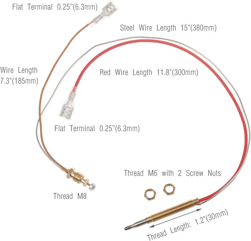 Timsec Outdoor Patio Heater Thermocouple Sensor, with M8 x 1 End Connection Nuts, M6 x 0.75 Thermocouple Head Thread and 2 Screw Nuts, 16.2" Length Wire and 0.25'' Flat Terminal - Image 3