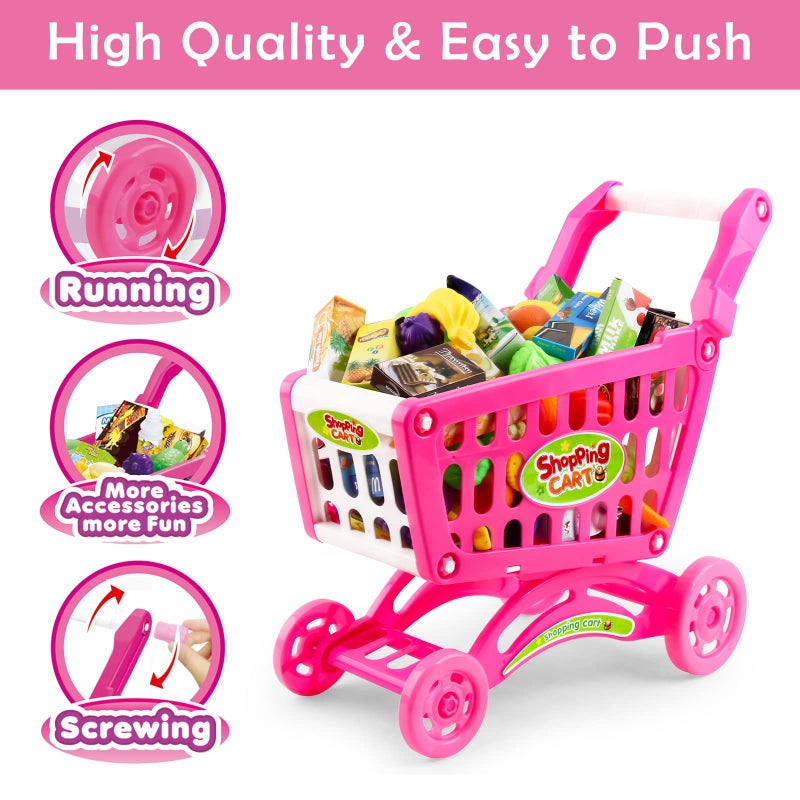 deAO Kids Shopping Cart Trolley for Groceries Toddlers 65 Food Fruit Vegetables Pretend Play Food Role Play Educational Toy Play Kitchen Toys Store Playset Pink - Image 3