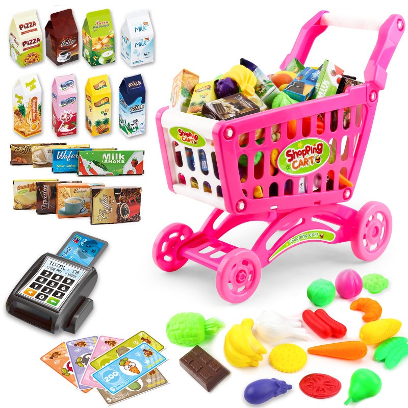 deAO Kids Shopping Cart Trolley for Groceries Toddlers 65 Food Fruit Vegetables Pretend Play Food Role Play Educational Toy Play Kitchen Toys Store Playset Pink - Image 2