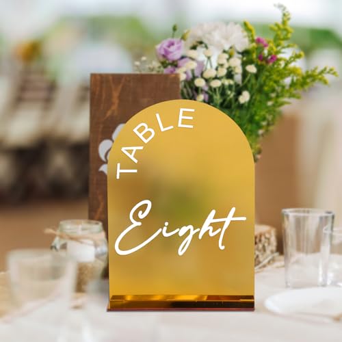 KOUDGY Gold Mirror Arch Wedding Table Numbers 1-10 with Stands, 5x7 Inch Acrylic Arch Sign with Holder for Wedding Reception Table Centerpiece Decoration(Gold Mirror) - Image 3
