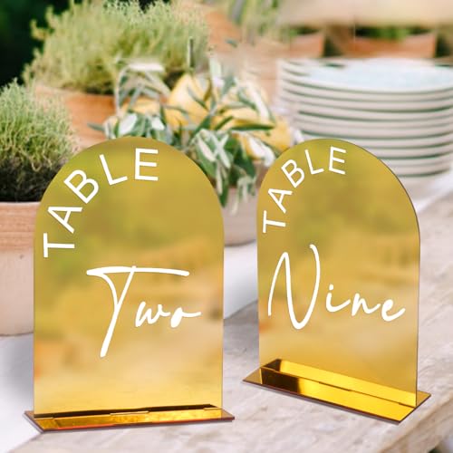 KOUDGY Gold Mirror Arch Wedding Table Numbers 1-10 with Stands, 5x7 Inch Acrylic Arch Sign with Holder for Wedding Reception Table Centerpiece Decoration(Gold Mirror) - Image 2