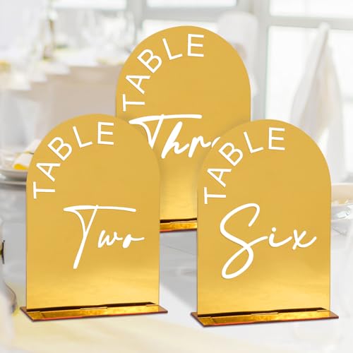 KOUDGY Gold Mirror Arch Wedding Table Numbers 1-10 with Stands, 5x7 Inch Acrylic Arch Sign with Holder for Wedding Reception Table Centerpiece Decoration(Gold Mirror) - Image 1