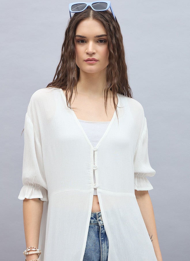 StyleStone V-Neck High Slit Open Front Longline Shrug In White - Image 2