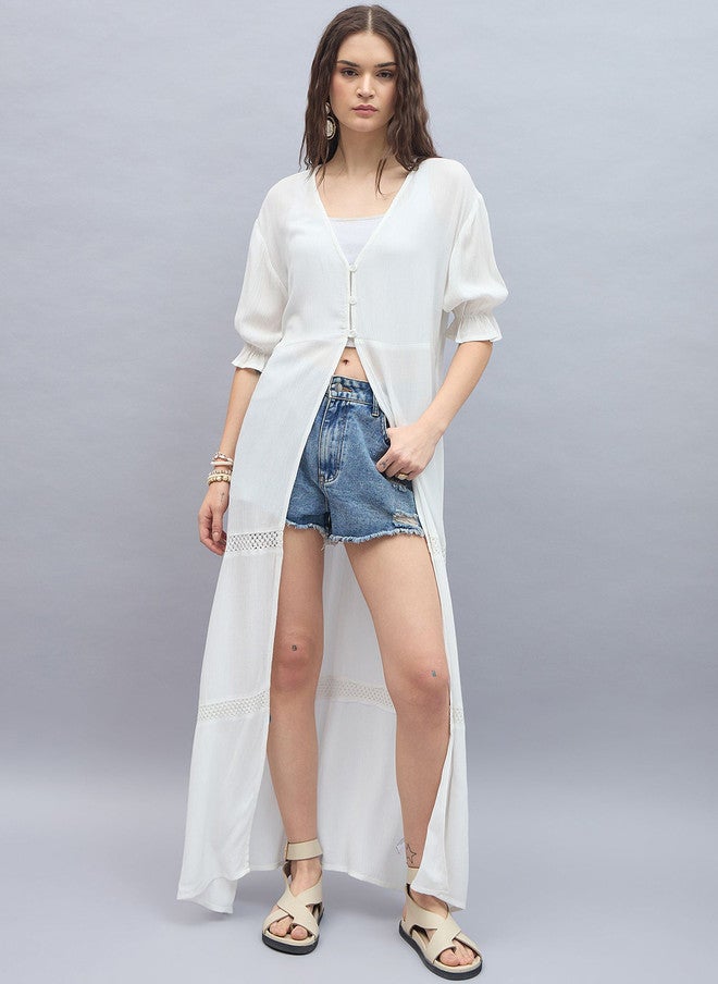 StyleStone V-Neck High Slit Open Front Longline Shrug In White - Image 1