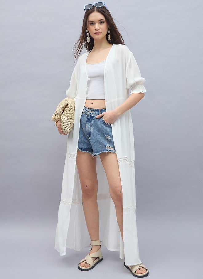 StyleStone V-Neck High Slit Open Front Longline Shrug In White - Image 5