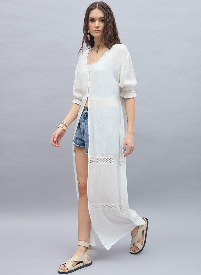 StyleStone V-Neck High Slit Open Front Longline Shrug In White - Image 3