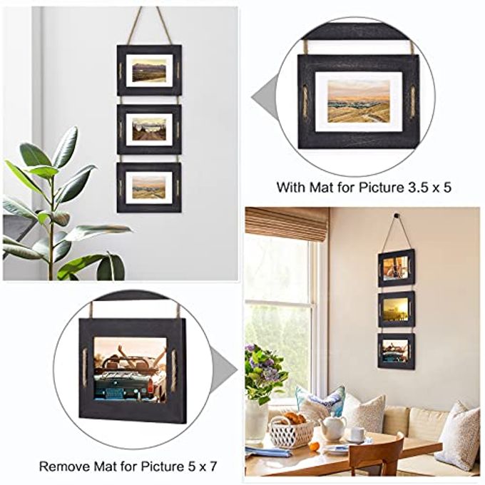 DLQuarts 5x7 Hanging Picture Frames Collage Wall Decor, 3-Opening Photo Frames Set, 3.5x5 with Mat or 5x7 Without Mat, Rustic Solid Wood Photo Frame Pack of 2, Weathered Black - Image 3