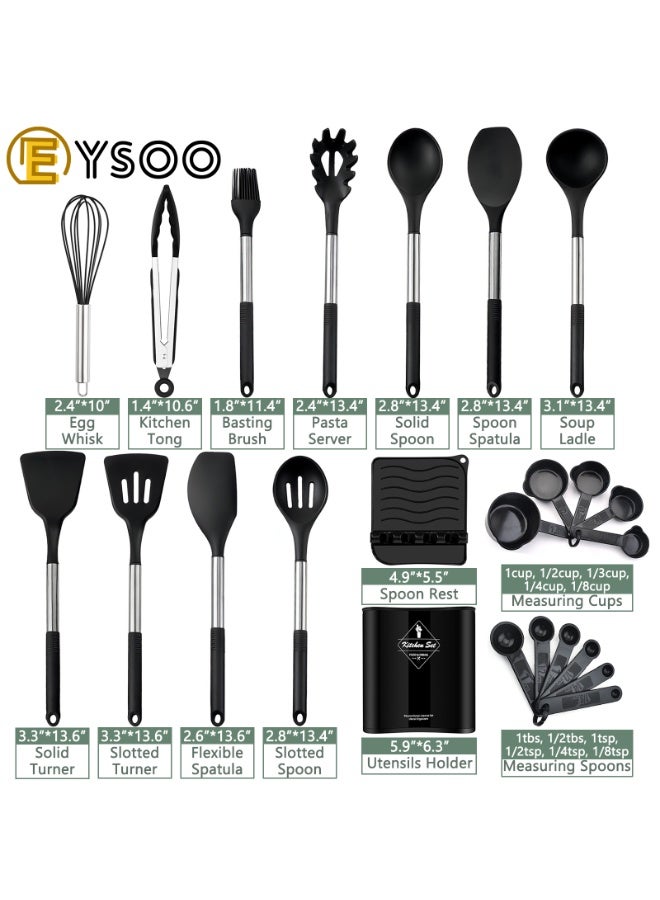 EYSOO Kitchen Cooking Utensils Set 34 Pcs Silicone Kitchen Gadgets Tools Set with Holder for Non-stick Cookware Heat-resistant Silicone Spatula Tools Set with Stainless Steel Handle (Black) - Image 2