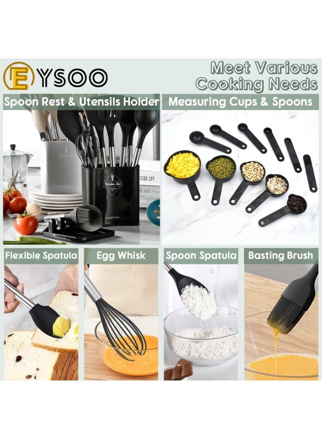 EYSOO Kitchen Cooking Utensils Set 34 Pcs Silicone Kitchen Gadgets Tools Set with Holder for Non-stick Cookware Heat-resistant Silicone Spatula Tools Set with Stainless Steel Handle (Black) - Image 4