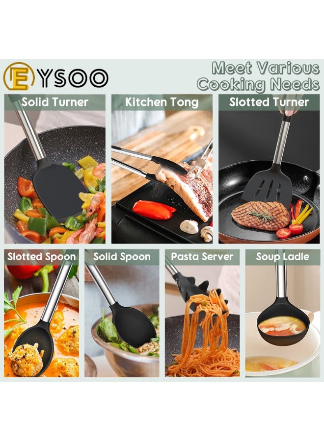 EYSOO Kitchen Cooking Utensils Set 34 Pcs Silicone Kitchen Gadgets Tools Set with Holder for Non-stick Cookware Heat-resistant Silicone Spatula Tools Set with Stainless Steel Handle (Black) - Image 3