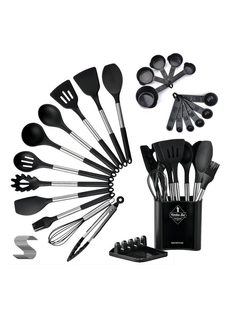 EYSOO Kitchen Cooking Utensils Set 34 Pcs Silicone Kitchen Gadgets Tools Set with Holder for Non-stick Cookware Heat-resistant Silicone Spatula Tools Set with Stainless Steel Handle (Black) - Image 1