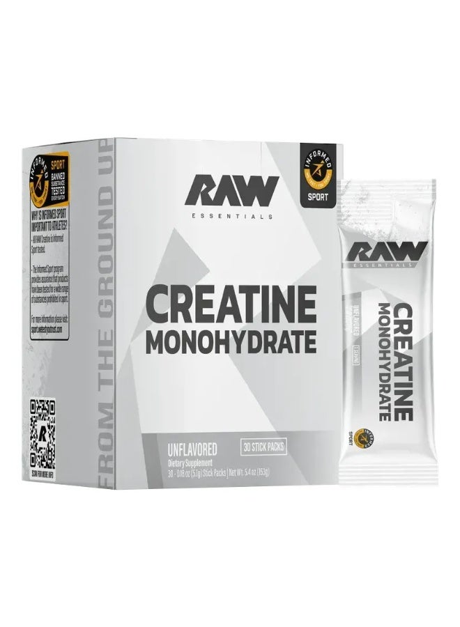RAW Essentials Creatine Monohydrate Stick Packs – 30 Servings – Unflavored – Informed Sport Certified Portable Powder for Strength & Muscle Recovery - Image 1