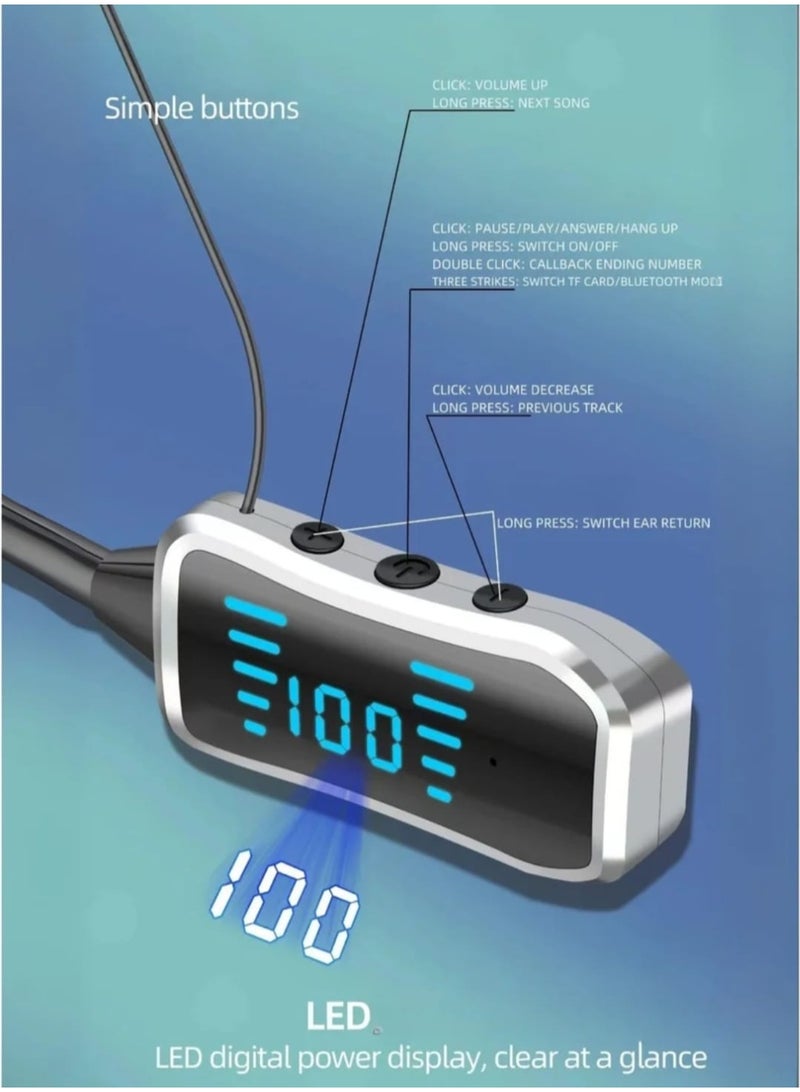 KIN KL 50 Bluetooth Neckband Earphones – 48H Playtime, 380 Days Standby, LED Display, TF Card Slot, Multifunction Button Control, Wireless Stereo Headset – Black Colour - Image 4