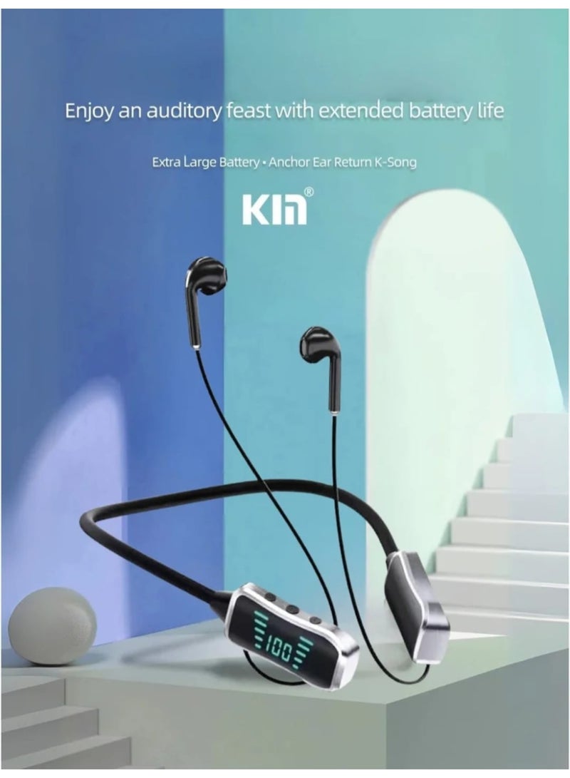 KIN KL 50 Bluetooth Neckband Earphones – 48H Playtime, 380 Days Standby, LED Display, TF Card Slot, Multifunction Button Control, Wireless Stereo Headset – Black Colour - Image 2