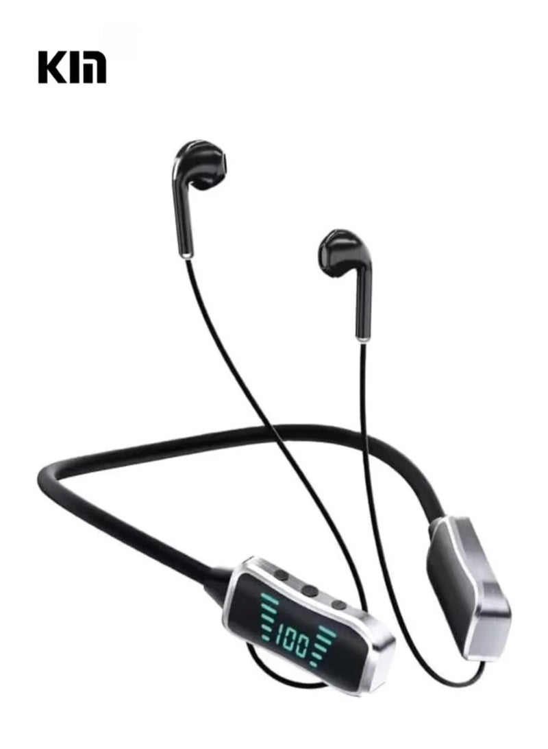 KIN KL 50 Bluetooth Neckband Earphones – 48H Playtime, 380 Days Standby, LED Display, TF Card Slot, Multifunction Button Control, Wireless Stereo Headset – Black Colour - Image 1