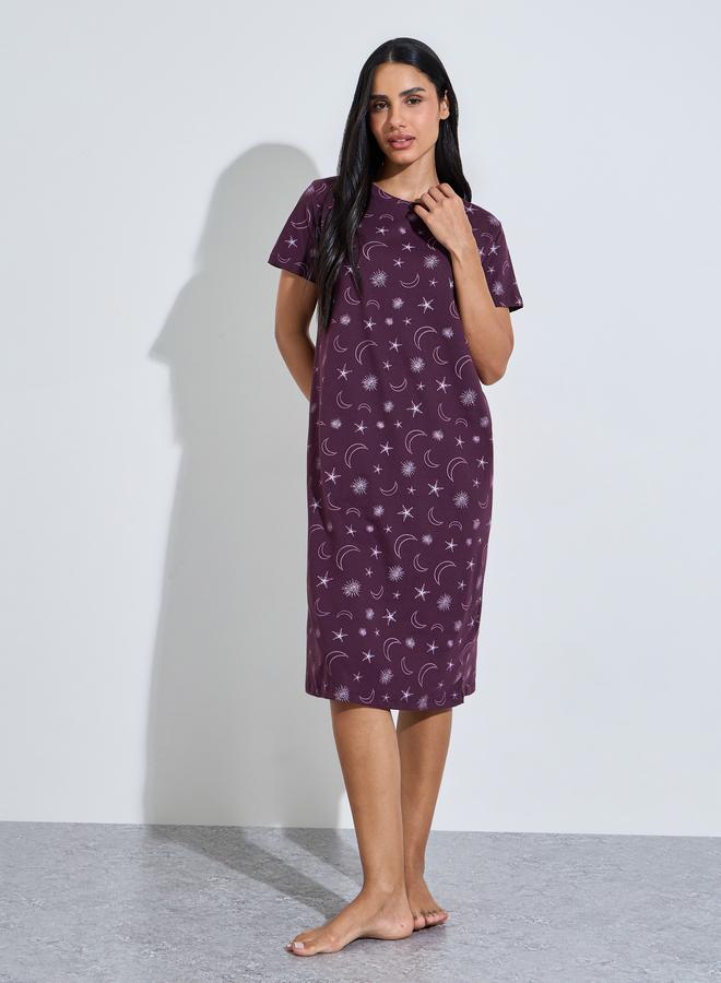 Styli Pack of 2 - Multi-Color Star and Moon Print Short Sleeves Midi Nightdress - Image 3