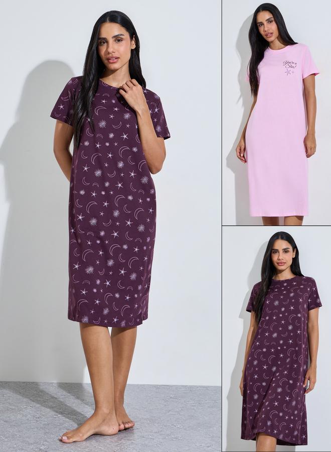 Styli Pack of 2 - Multi-Color Star and Moon Print Short Sleeves Midi Nightdress - Image 1
