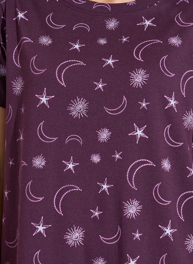 Styli Pack of 2 - Multi-Color Star and Moon Print Short Sleeves Midi Nightdress - Image 4
