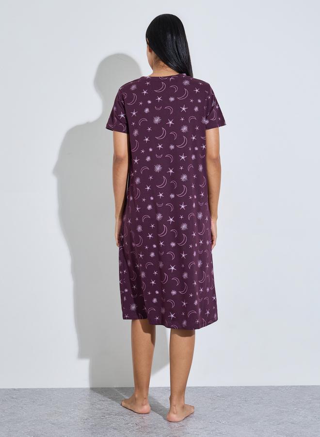Styli Pack of 2 - Multi-Color Star and Moon Print Short Sleeves Midi Nightdress - Image 5