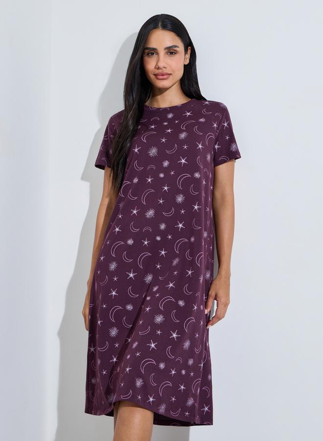 Styli Pack of 2 - Multi-Color Star and Moon Print Short Sleeves Midi Nightdress - Image 2