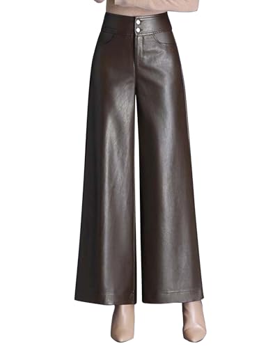 HaoMay Women's High Waist Wide Leg PU Faux Leather Cropped Pants Culottes(Brown-XS) - Image 1