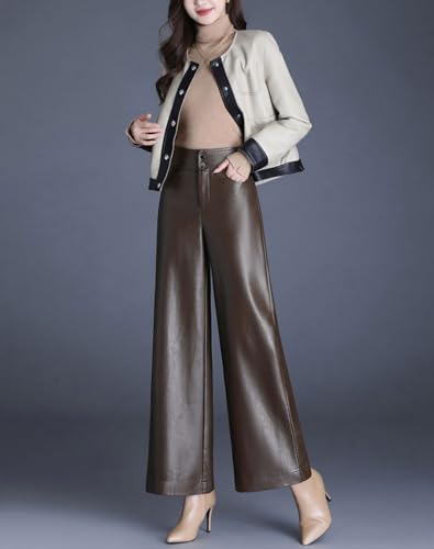 HaoMay Women's High Waist Wide Leg PU Faux Leather Cropped Pants Culottes(Brown-XS) - Image 3